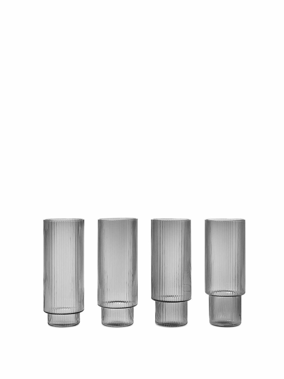 Kitchen Ferm Living | Ripple Long Drink Glasses (Set Of 4) Smoked Grey